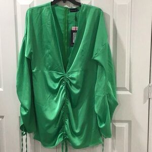 PrettyLittleThing Green Ruched Tie Front Dress